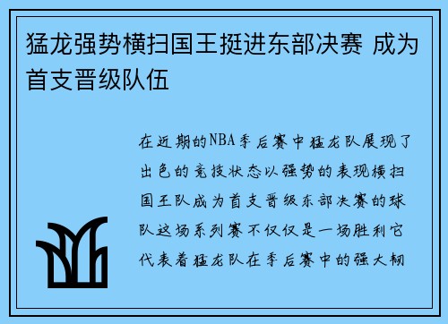 猛龙强势横扫国王挺进东部决赛 成为首支晋级队伍