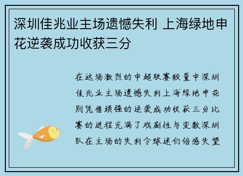 深圳佳兆业主场遗憾失利 上海绿地申花逆袭成功收获三分