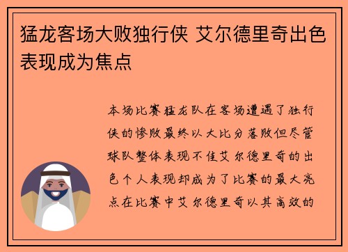 猛龙客场大败独行侠 艾尔德里奇出色表现成为焦点